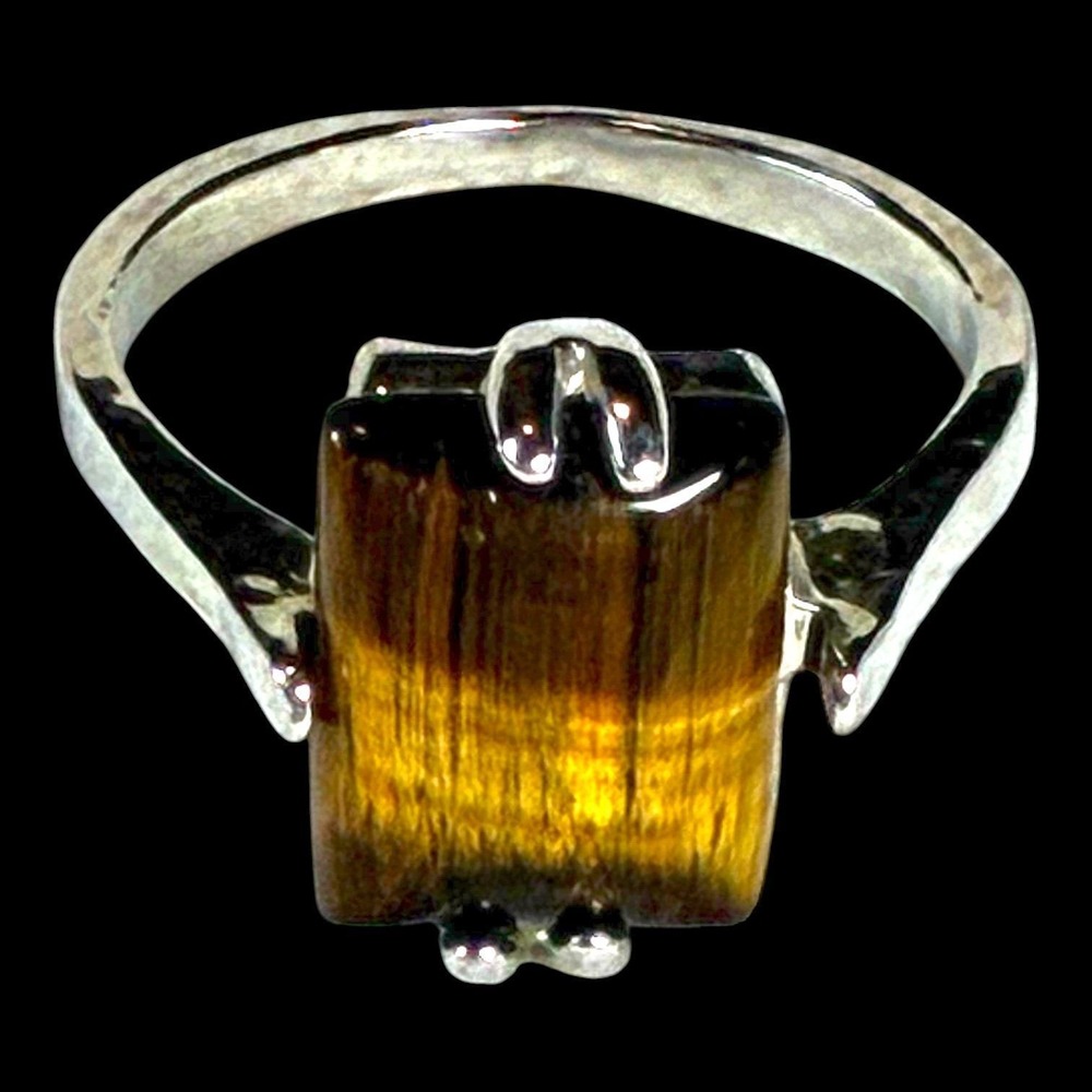 Natural Tiger's Eye Statement Ring Size 8 Vintage Silver Rectangular Cabochon EX